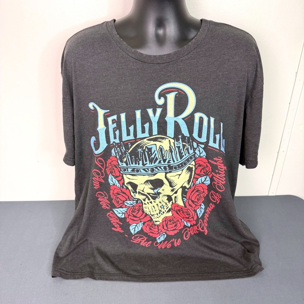 Jelly Roll T-Shirt Mens XL Beautifully Broken Skull Roses Charcoal Grey Graphic
